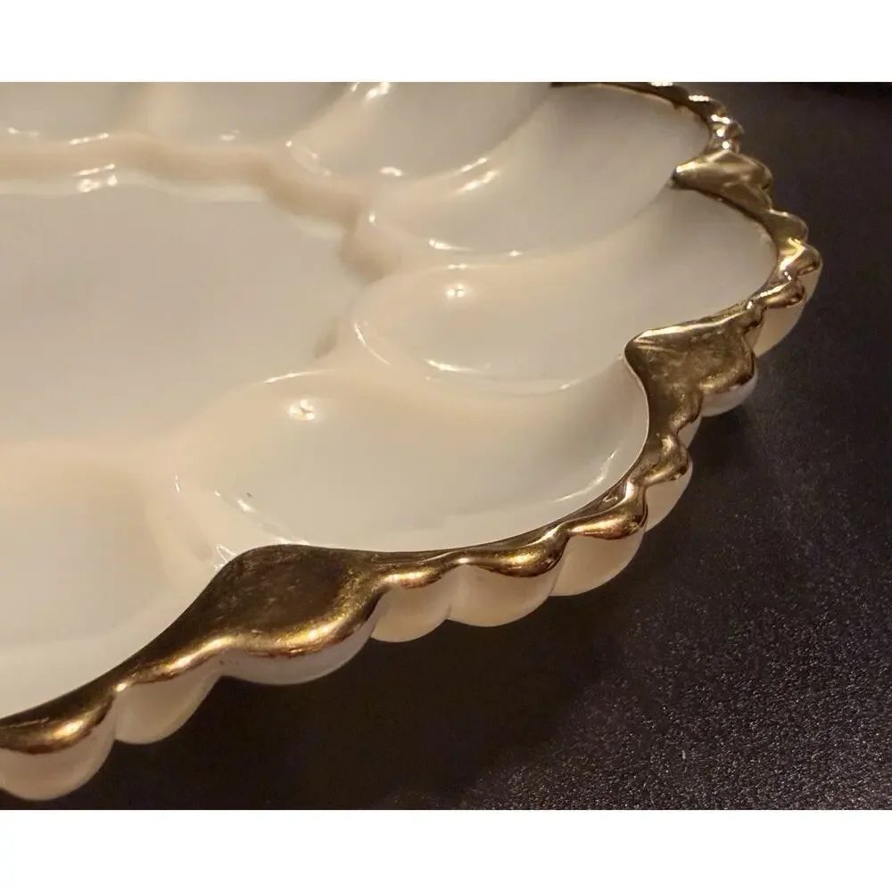 2 Anchor Hocking Fire King Milk Glass Deviled Egg Plates 22K Gold Trim Platters
